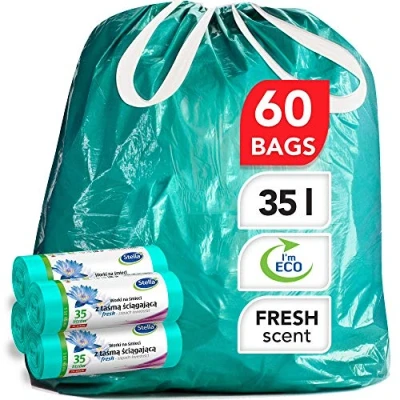 Abbildung von Stella Bio Müllbeutel 35 L 60 Stück Umweltfreundlich und recycelbar Mülltüten aus Kunststoffabfällen Ultra Starke Flexible Müllsäcke Frischer Duft Minzfarbe mit Zugband
