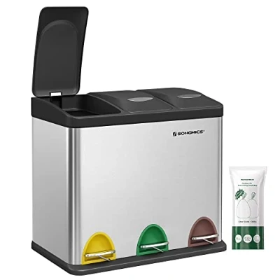 Abbildung von SONGMICS Mülleimer Küche, 3 x 8 L, kleine Kapazität, Mülltrennsystem Fächer, Abfalleimer mit Deckel, Stahl Treteimer für Familien, Pedale und Inneneimer, silbern schwarz LTB24L