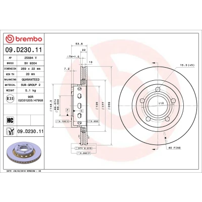 Abbildung von BREMBO 09.D230.11 Bremsscheibe 269 22 5 innenbelüftet beschichtet hochgekohlt AUDI: A6 C5 Avant, Saloon, VOLKSWAGEN: Passat B5 GP Estate