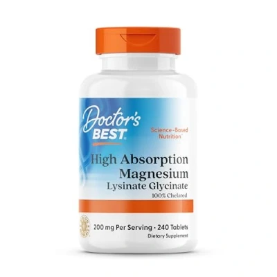 Abbildung von Doctor&#039;s Best, High Absorption Magnesium, 100% chelatiert mit TRAACS, Glycin und Lysin, 240 vegane Tabletten, Laborgeprüft, Sojafrei, Glutenfrei, Ohne Gentechnik