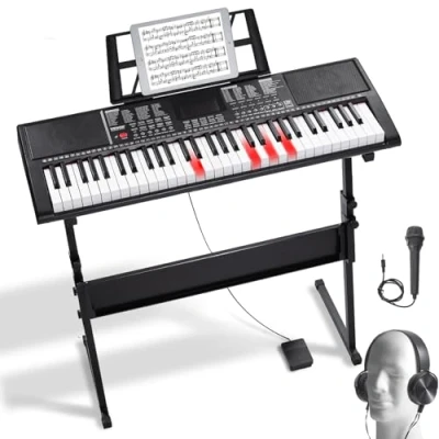 Abbildung von VEVOR 61 Tasten Digitalklavier, beleuchtete Tasten, tragbares elektrisches Klavier mit verstellbarem Ständer, 600 Töne, 500 Rhythmen, integrierte Lautsprecher, Sustain Pedal, Kopfhörer, Mikrofon, USB