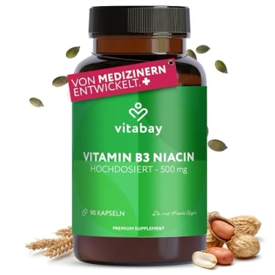Abbildung von Vitabay Vitamin B3 Niacin 500 mg 90 VEGANE Flush Free Niacinamide Kapseln hochdosiert Niacinamid Laborgeprüftes B 3