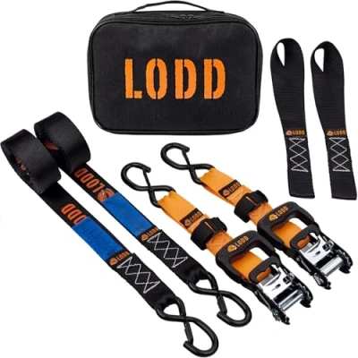Abbildung von LODD Motorrad Zurrgurte mit Ratsche Set bestehend aus 2 Spanngurten 38mm x 3.4M + weichen Zurrschlaufen Transporttasche (für Motorräder, ATVs, Schneemobile...)