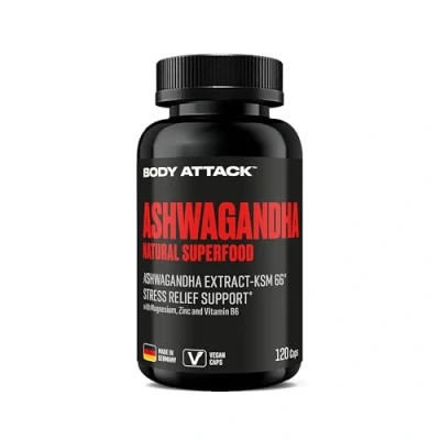 Abbildung von Body Attack Ashwagandha KSM 66® Kapseln, 120 Stk. hochdosiert patentiertes Wurzelextrakt Made in Germany indische Schlafbeere für Regeneration, Stressabbau &amp; einen optimierten Stoffwechsel