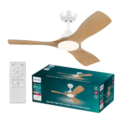 Abbildung von Philips Olas Deckenventilator, 3 Flügel, 107cm ⌀, 24 W LED Licht, Gleichstrommotor, Farbtemperaturbereich (3000K 4300K 6500K), dimmbar, Fernbedienung inkl., weiß Holz