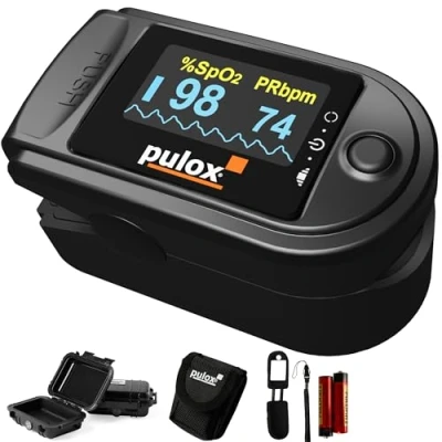 Abbildung von Pulsoximeter Pulox PO 200 Set in Gelb zur Messung von Sauerstoffsättigung, Puls und PI am Finger inkl. Hardcase, Schutzhülle, Batterien Trageband
