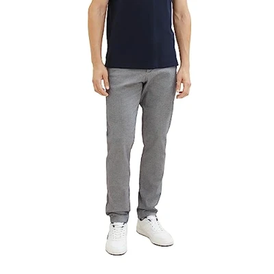 Abbildung von TOM TAILOR Herren Slim Fit Chino Hose aus Stretch Piqué mit Gürtel, 32284 White Navy Zig Zag Structure, 27/34