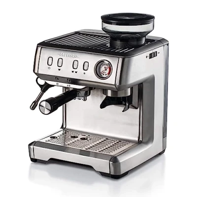 Abbildung von Ariete 1313, Kaffeemaschine mit Manometer, Integrierte Kaffeemühle, Kompatibel Kaffeepulver und ESE Pads, 15 Bar Maximum, 1 oder 2 Tassen Filter, Cappuccino Düse, 1600W, Silber