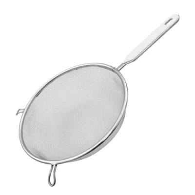 Abbildung von Fackelmann Sieb Ø 20 cm, Küchensieb aus Edelstahl, feinmaschiger Seiher mit Griffeinlage Kunststoff (Farbe: Weiß/Silber), Menge: 1 Stück