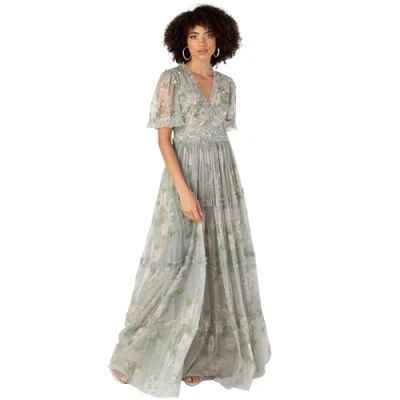 Abbildung von Anaya with Love Damen Women&#039;s Maxi Dress Ladies V Neck Short Angel Sleeves Tiered Ruffle for Bridesmaid Wedding Guest Occasion Prom Ball Gown Kleid, Floral Sage Green, 46 EU
