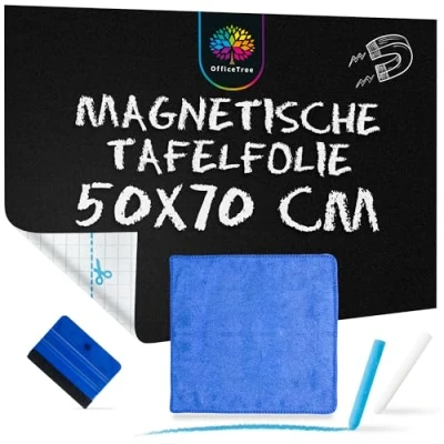 Abbildung von OfficeTree Magnetische Tafelfolie Selbstklebend 50x70 cm inkl. Kreide, Tuch &amp; Rakel Magnetfolie Kreidefolie Magnetisch Schwarz