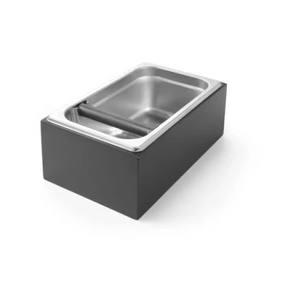 Abbildung von HENDI Abklopfbehälter mit Holzrahmen, Abschlagbehälter, Abschlagkasten, entleeren des Kaffeesatz, abnehmbarer silikonbeschichteter Abklopfstange, GN 1/4, 265x162x(H)100mm, Dunkel Holz/Edelstahl