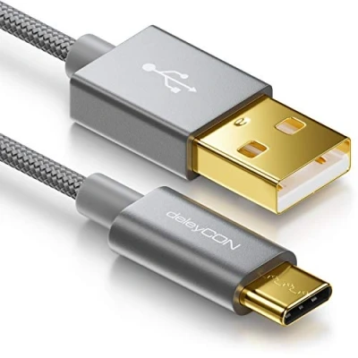 Abbildung von deleyCON 2m USB C Kabel Ladekabel Datenkabel Nylon + Metallstecker auf A Kompatibel mit Apple Samsung Google Huawei Xiaomi Tablet Laptop PC Grau