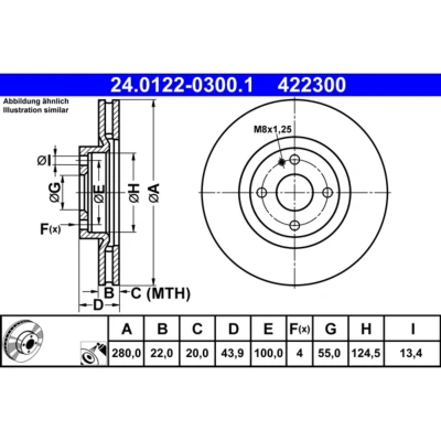 Abbildung von ATE 24.0122 0300.1 Bremsscheibe 280,0 22,0 4 100,0 Belüftet beschichtet MAZDA: MX 5 IV