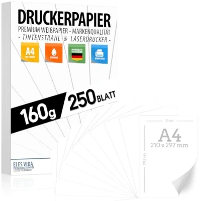 Abbildung von Druckerpapier A4 160g weiß 250 Blatt PREMIUM PAPIER Reinweiß DIN 21 x 29,7 cm Zeichenpapier dick,unbedruckt für Uni, Fotografie, Präsentationen, Basteln, hochwertiges Bewerbungspapier