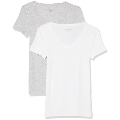 Abbildung von Amazon Essentials Damen Kurzärmeliges T Shirt mit V Ausschnitt, Schmale Passform, 2er Pack, Weiß/Hellgrau Meliert, XXL