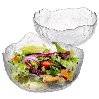 Abbildung von Navaris Glasschüssel 2er Set 1x Salatschüssel Glas groß und Glasschale rund XL Glasschalen spülmaschinenfest Glasschüsseln im Blatt Design Obstschale