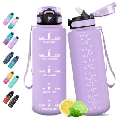 Abbildung von HoneyHolly Trinkflasche, 1.5L mit Strohhalm, Trinkflasche Sport, Auslaufsicher, Wasserflasche, Zeitmarkierung, Kohlensäure Geeignet für Outdoor, Radfahren, Fitness, Yoga