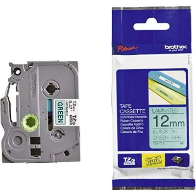 Abbildung von Brother Original P touch Schriftband TZe 731 12 mm, schwarz auf grün (kompatibel u.a. mit PT H100LB/R, H105, E100/VP, D200/BW/VP, D210/VP)