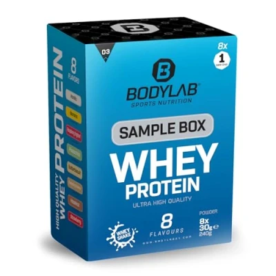 Abbildung von Bodylab24 Sample Box Whey Protein 3 (8x30g), 80% Eiweißgehalt, reich an BCAAs, 8 Geschmacksvarianten zum Ausprobieren mit je 1 Portion, perfekt löslich, ideal zur Nutzung nach dem Training