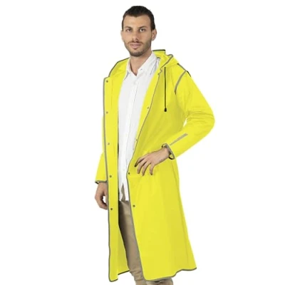 Abbildung von PERLETTI Regenponcho Wasserdicht Damen Herren Reflktierende Details Regenjacke Wandern Outdoor Trekking Reisen mit Kapuze Regen Cape Waterproof Kompakt Camping (S, Gelb)
