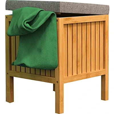 Abbildung von EISL BMBA02 WKBH Bambus Badhocker mit Wäschesammler, Wäsche Hocker Sitzfläche, Badezimmer Holz, Badmöbel zum Sitzen, Hellbraun, (B x H T): ca. 39 52 cm