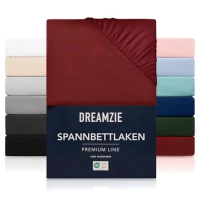 Abbildung von Dreamzie Spannbetttlaken 180x200 cm Hoher Steg bis 33 100% Mikrofaser Burgunderrot Schadstoffgeprüft (Oeko TEX), Bettlaken mit Gummizug