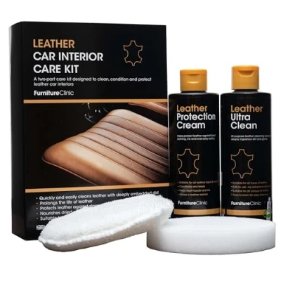 Abbildung von Furniture Clinic Lederpflegeset für Autositze Premium Reinigungsset 250 ml Lederreiniger &amp; Pflegespülung