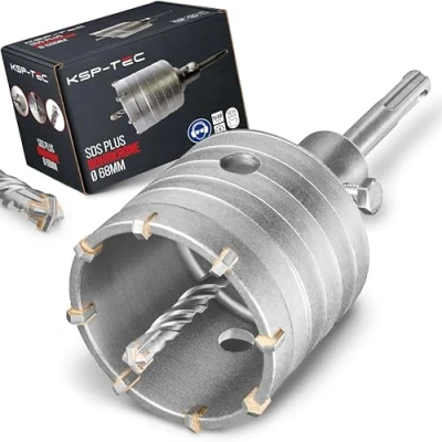 Abbildung von KSP Tec ® Bohrkrone 68 mm verstärkte Bauart Hammerschlagfest [XXL Zähne] 4 Schneiden Zentrierbohrer Dosenbohrer Steckdose für Mauerwerk und Beton (68mm)