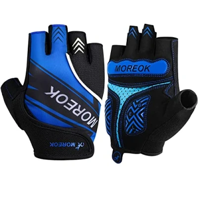 Abbildung von MOREOK Fahrradhandschuhe für Herren Damen Sommer Radsporthandschuhe Halbfinger 5MM SBR Gel rutschfeste/stoßdämpfende Handschuhe hellblau L