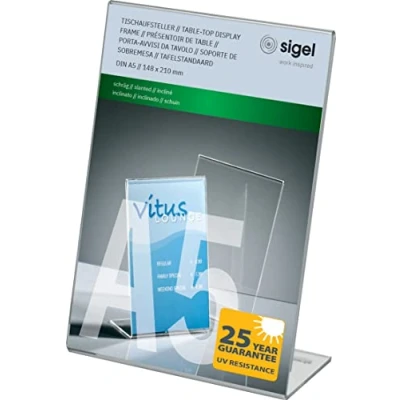 Abbildung von SIGEL TA212 Tischaufsteller schräg, für A5, aus hochwertigem glasklaren Acryl, garantiert UV beständig