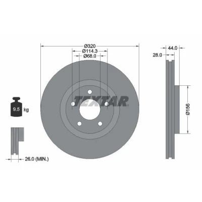 Abbildung von TEXTAR PRO 92222003 Bremsscheibe 320 28 05/05 114,3 innenbelüftet beschichtet ohne Radbefestigungsbolzen, Radnabe NISSAN: Qashqai / Qashqai+2 I