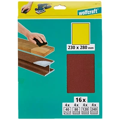 Abbildung von wolfcraft Schleifpapierbögen Set 230 x 280 mm, 16 tlg.I 3141000 I für Holz, Metall, Lack, Kunststoff Schleifbögen Schwing und Handschleifer