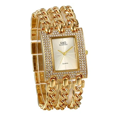 Abbildung von JewelryWe Muttertagsgeschenk Damen Uhren Elegant Analog Quarz Armbanduhr Strass Rechteckig Beiläufige Uhr mit Silber Zifferblatt und Gold Panzerkette Armband