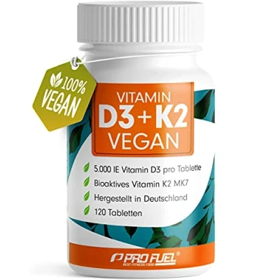 Abbildung von Vitamin D3 K2 vegan 120 Tabletten mit 5000 IE + 200 mcg (MK7) hochdosiert und reicht für 19 Monate laborgeprüft Zertifikat ohne unerwünschte Zusatzstoffe