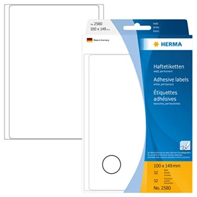 Abbildung von HERMA 2580 Vielzweck Etiketten, 32 Stück, 100 x 149 mm, 1 pro Bogen, selbstklebend, Haushaltsetiketten zum Beschriften, matt, blanko Papier Klebeetiketten Aufkleber, weiß