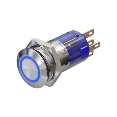 Abbildung von Metzler Drucktaster 16mm LED Ringbeleuchtung Blau IP67 IK10 Edelstahl Flach Lötkontakte