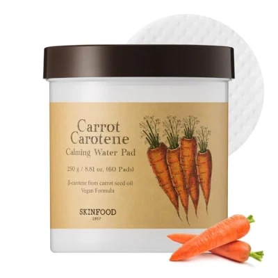 Abbildung von SKIN FOOD since 1957 Karottenkarotin Beruhigendes Wasserpad 250g (8.81 oz.) 60 Blatt Rötungen lindernde Gesichts Wattepads für empfindliche Haut, vegan, tierversuchsfrei