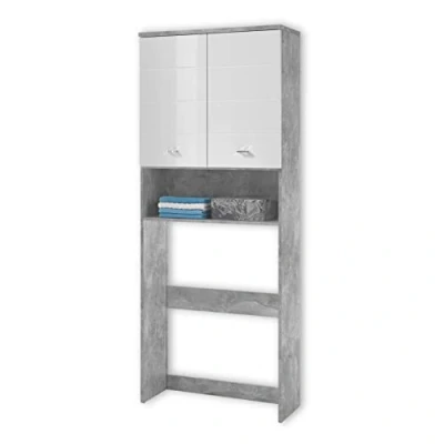 Abbildung von POOL Waschmaschinenschrank in Beton Optik, Weiß Modernes Waschmaschinenregal mit Stauraum &amp; Platz für die Waschmaschine 76 x 190 31 cm (B/H/T)