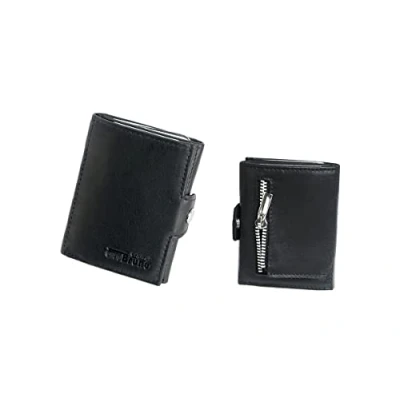 Abbildung von Minigeldbörse Herren schwarz Leder RFID Schutz, kleine Mini Geldbörse, Geldbeutel Kartenetui Portemonnaie klein, Portmonee Männer, Slim Wallet mit Münzfach, Geschenk Männer