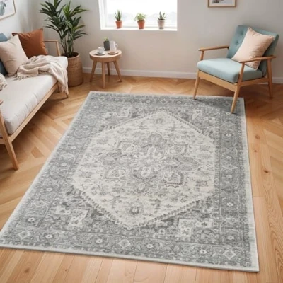 Abbildung von Surya Khartoum Vintage Teppich orientalischer Wohnzimmer, Esszimmer, Schlafzimmer Boho Teppich, Kurzflor für einfache Pflege Groß 160x220cm, Grau