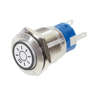 Abbildung von Blanko Metalltaster aus Edelstahl, weiss beleuchtetes Symbol, staub und wasserdicht nach IP 67 Standard, Licht Symbol