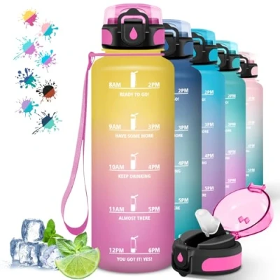 Abbildung von Trinkflasche 1 5 liter Sport, Leicht zu Reinigen, mit Strohhalm, Auslaufsicher, Erwachsene Zeitmarkierung, für Running, Camping, Gelb Rosa
