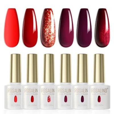 Abbildung von ROSALIND UV Nagellack Rot,6 Farben Rot Burgunder Dunkelrot Glitzer Shellac Set Soak Off LED Gellack Gel Nail Polish für Nagelstudio Design