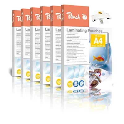 Abbildung von Peach Laminierfolien A4 125 mic 6x100 pouches glänzend Premiumqualität für beste Laminierergebnisse kompatibel mit Geräten aller Markenhersteller PP525 02P