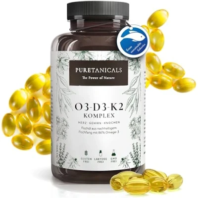 Abbildung von Omega 3 + Vitamin D3, K2 MK7 All Trans mikroverkapselt Premium Essentials O3 D3 hochdosiert Fischöl mit essentiellen EPA &amp; DHA Fettsäuren Fisch Öl Omega3 Fish Oil Tropfen 240 Kapseln