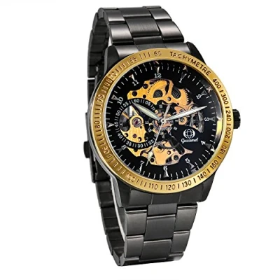 Abbildung von JewelryWe Herren Automatik Armbanduhr Schwarz Edelstahl Armband Skelett Uhr Automatikuhr Vatertagsgeschenk