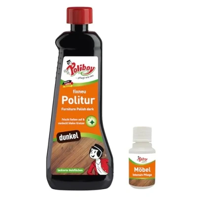 Abbildung von POLIBOY fixneu Politur dunkel Möbelpolitur für dunkle lackierte Hölzer farbauffrischende Holzpolitur 500ml Mit Produkt Probe Made in Germany