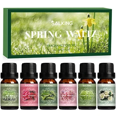 Abbildung von SALKING Frühling Ätherische Öle Set, 6x10mL 100% Aromatherapie Duftöl für Diffuser, Luftbefeuchter, Massage, Nach Regen, Frisch geschnittenes Gras, Schalerbse, Rosengeranie, Kirschblüte, Gardenia