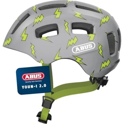 Abbildung von ABUS Fahrradhelm Youn I 2.0 mit Licht für Kinder, Jugendliche und junge Erwachsene Mädels Jungs Grau Blitz Muster, Größe S